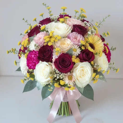 Prompt: a bouquet that has rose, carnation, daisies, grennery, casade style, not round style 


