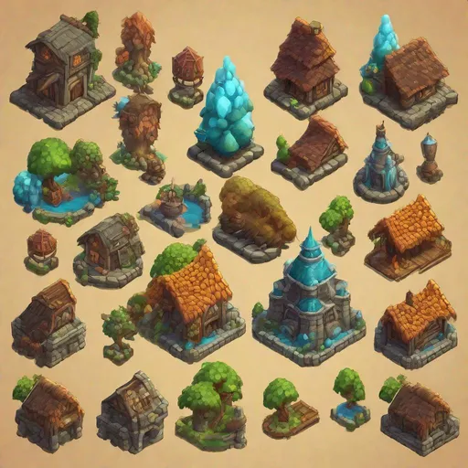 Prompt: Fantasy isometric sprites,  https://retrostylegames.com/outsourcing/3d-2d-game-sprites/ ,vibrant colors, detailed environment, intricate character designs, high quality, fantasy, isometric view, vibrant colors, detailed environment, intricate characters, sprites, professional, highres, vibrant tones, intricate details, fantasy style, isometric perspective, pixel art