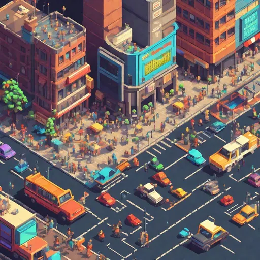 Prompt: Isometric pixel art scene of a bustling city street, RetroStyle Games, detailed building facades, vibrant colors, retro 8-bit style, busy traffic with colorful cars and pedestrians, dynamic lighting and shadows, high quality, retro pixel art, isometric view, vibrant colors, detailed buildings, bustling street, dynamic lighting, busy traffic, 8-bit style, pixel art, cityscape, colorful cars and pedestrians