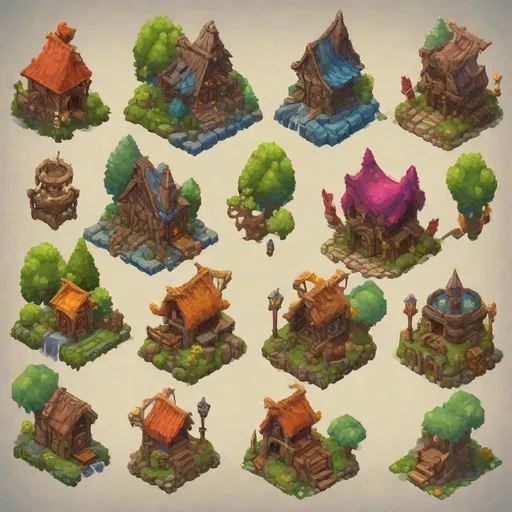 Prompt: Fantasy isometric sprites,  https://retrostylegames.com/outsourcing/3d-2d-game-sprites/ ,vibrant colors, detailed environment, intricate character designs, high quality, fantasy, isometric view, vibrant colors, detailed environment, intricate characters, sprites, professional, highres, vibrant tones, intricate details, fantasy style, isometric perspective, pixel art