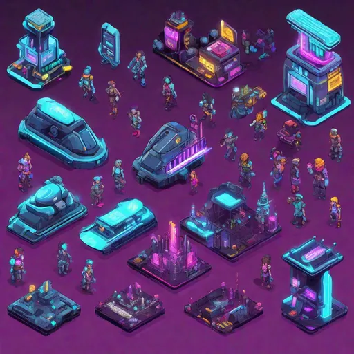Prompt: Isometric game sprites of futuristic city characters, RetroStyle Games, vibrant and neon color palette, cybernetic enhancements, detailed mechanical parts, high quality, anime, isometric, futuristic, cyberpunk, neon tones, detailed mechanical elements, vibrant, professional, game sprites