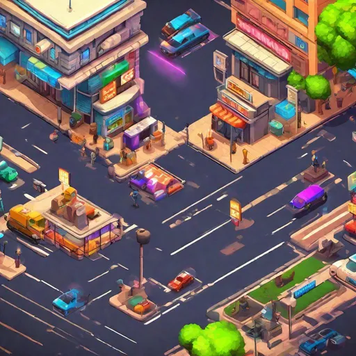 Prompt: Isometric game sprites, detailed cityscape, vivid and vibrant colors, high quality, game-gta style, isometric, detailed characters, dynamic poses, urban environment, bustling streets, neon lights, atmospheric lighting, street-level view, ultra-detailed, professional, vibrant color palette, dynamic scenes, action-packed, cool tones, RetroStyle Games