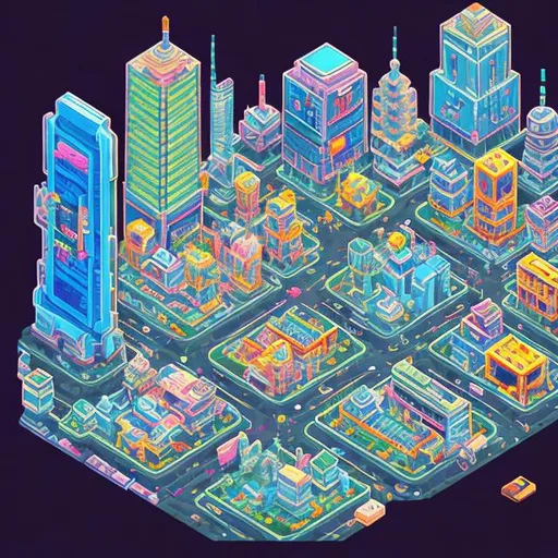 Prompt: Isometric sprite illustration of a futuristic cityscape, pixel art, vibrant colors, detailed buildings, lively street scenes, high quality, isometric, pixel art, futuristic, vibrant colors, detailed architecture, lively streets, professional, dynamic lighting, RetroStyle Games