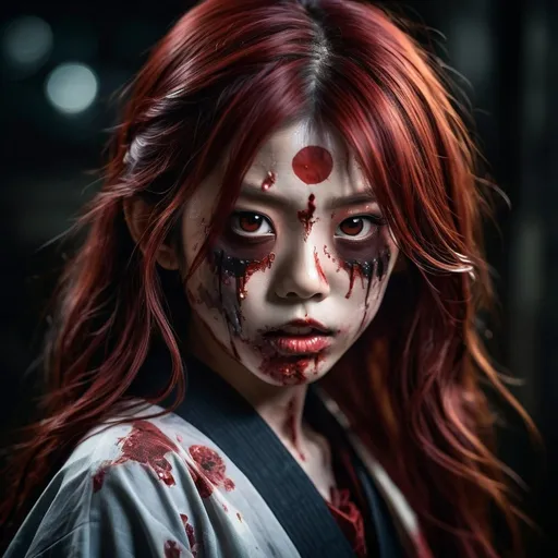 Prompt: 8 year old Japanese female transforming into a zombie, long red hair, detailed zombie transformation, horror, highres, detailed, anime, dark tones, hair transformation, zombie eyes, traditional Japanese setting, supernatural, intense lighting