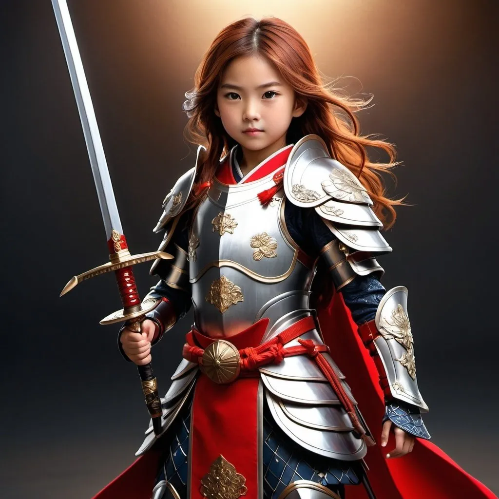 Prompt: Realistic full-body illustration of a 9-year-old Japanese girl with a legendary spear, wearing a legendary armor, no helmet, high quality, detailed, realistic, Japanese, legendary, armor, sword, shield, traditional, fierce expression, intricate design, historical, detailed armor, heroic pose, dramatic lighting, red long hair