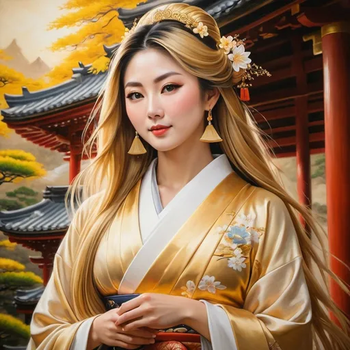 Prompt: Realistic oil painting, Japanese goddess of motherhood, long golden hair, temple setting, traditional attire, serene expression, intricate details, high quality, oil painting, Japanese folklore, golden tones, soft lighting, realistic, motherhood deity, temple background