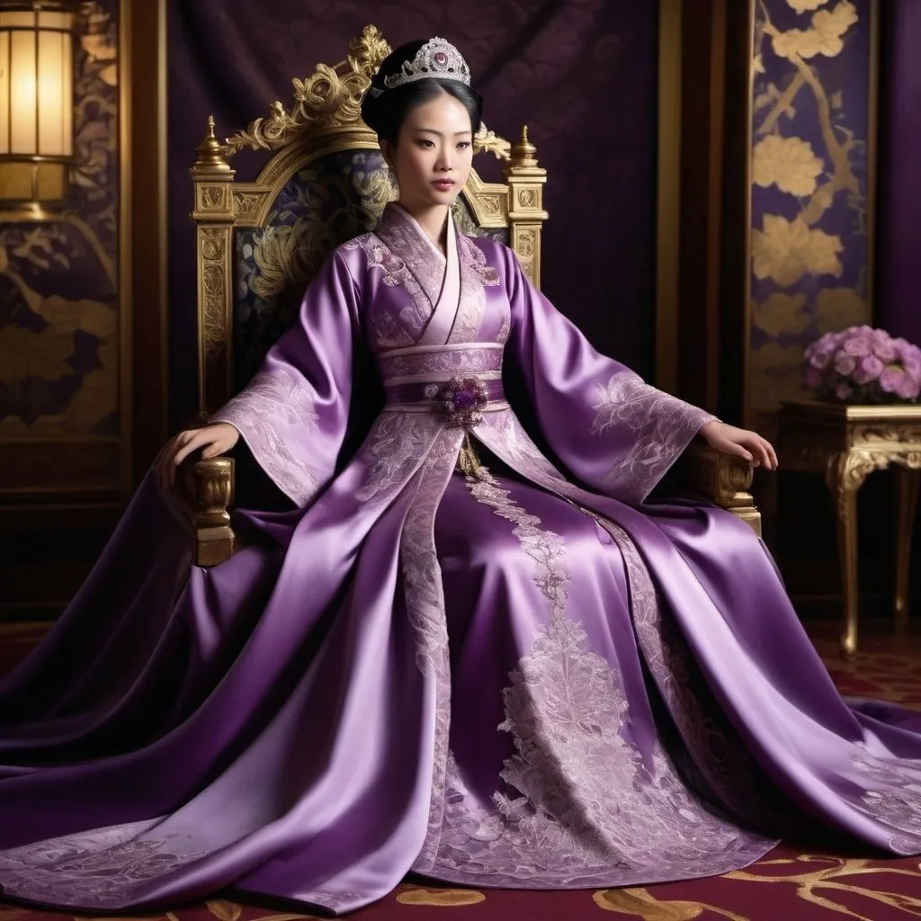 Prompt: Realistic rare elegant purple dress on a japanese queen in throne room, satin material, intricate lace details, delicate embroidery, high quality, lifelike, realistic, elegant, rare, detailed, glamorous, glamorous lighting, rich purple tones, professional, luxurious, couture