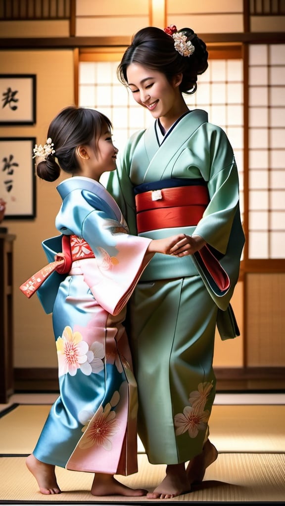 Prompt: Realistic full-body illustration of Japanese 8-year-old girl and her mother, dancing together, traditional kimono, detailed facial features, natural and warm lighting, high quality, family bonding, traditional art style, soft pastel colors, joyful expressions, intricate floral patterns, realistic details, heartwarming, happy atmosphere