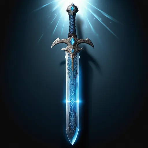 Prompt: High-quality, detailed illustration of the sword The Throngler, mythical weapon, ancient runes, intricate engravings, ethereal glow, fantasy art, detailed hilt and guard, glowing blue aura, intense and dramatic lighting, epic, ultra-detailed, fantasy, ancient, magical, intricate details, radiant blue aura, ethereal, professional craftsmanship