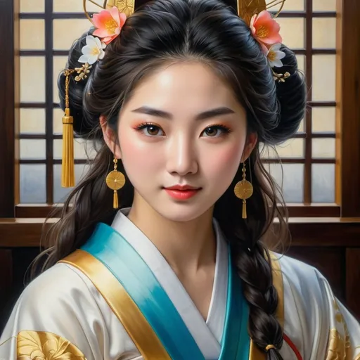 Prompt: Realistic oil painting of an 18-year-old Japanese goddess of justice, detailed facial features, oil painting, traditional clothing, symbolic accessories, high quality, realistic, Japanese mythology, goddess, justice, detailed brushwork, traditional, elegant, soft lighting, vibrant colors