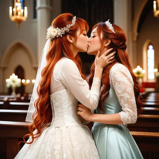 Prompt: Realistic indoor scene of romantic kissing, two 18-year-old Japanese girls with long red hair in a western wedding dress, inside western church, oil painting, highres, detailed features, romantic, realistic lighting, detailed lace, vibrant red hair, romantic atmosphere, elegant, traditional, realistic colors, soft lighting, intricate details, love, western church setting