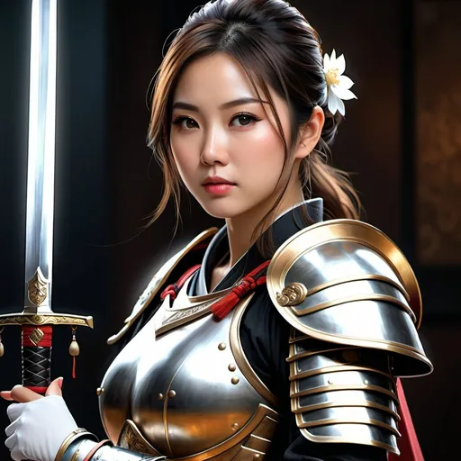 Prompt: Realistic digital full-body painting of pregnant Japanese girl in armor with sword  detailed facial features, 4k ultra-detailed, realistic digital painting, Japanese girl, sword, shield, traditional, detailed eyes, determined expression, professional, realistic, soft lighting