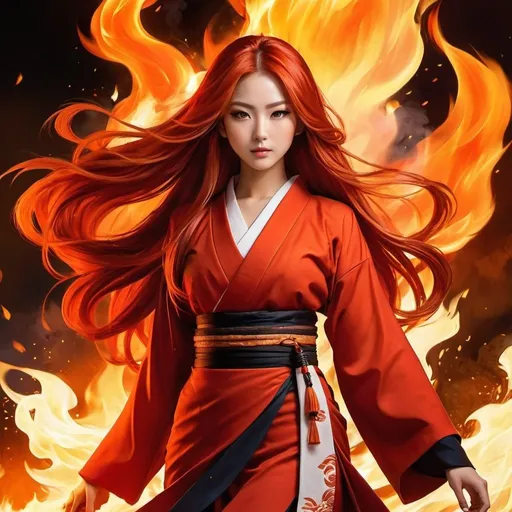 Prompt: Japanese girl with long, flowing red hair, standing in fire, traditional Japanese clothing, high quality, digital painting, intense flames, vibrant red and orange tones, dramatic lighting, detailed hair, dynamic pose, powerful and fierce, anime style, fiery atmosphere