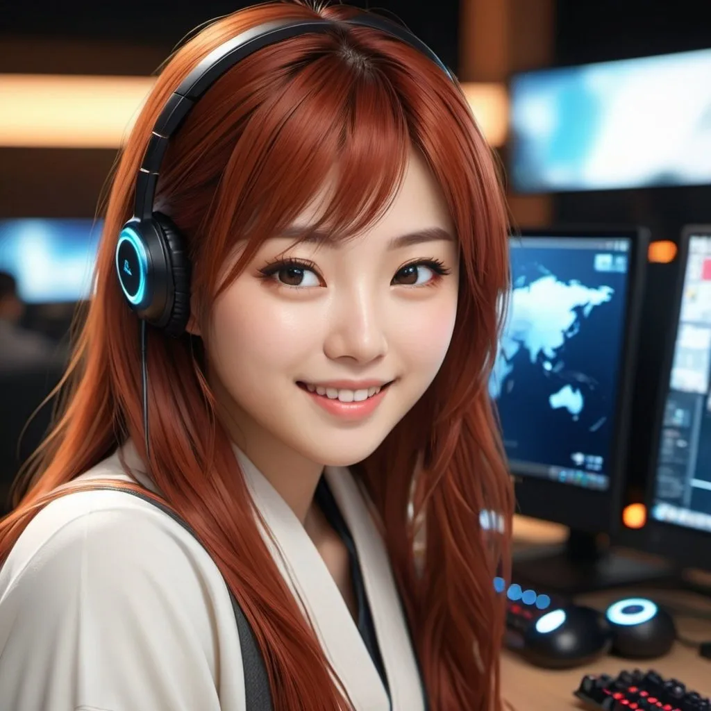 Prompt: Realistic Japanese girl using modern technology, focused expression, PC gaming setup, detailed facial features, high-quality rendering, realistic, modern, detailed belly, professional, natural lighting, realistic eyes, digital art, modern technology, comfortable, warm lighting, genuine smile, long red hair