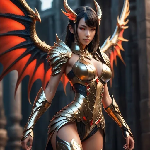 Prompt: Gorgeous full body ultra-muscular 25 years old Japanese girl, Ultra detailed illustration painting of a luminous, gorgeous, enchanting humanoid dragongirl with dark hair, She is fit, toned, lean, and very muscular, large dragons wings, and a long tail. Her feet have on 8 inch stiletto high heel boots and her skin has slight scaly aspect to it. She has the back of her mouth lit with an ambient golden glow. Glowing red eyes, and wisps of smoke rise from her nostrils. Dynamic pose, anime-style armor, realm enviroment, close mid shot, rule of thirds depth of field intricate details, concept art, subtle colors, fantastical realm, extremely detailed, ultra sharp focus, light particles, attention to detail, grandeur and awe, cinematic, stunning visual masterpiece, double exposure, 8k, photorealistic, strong outlines, cinematographic scene,