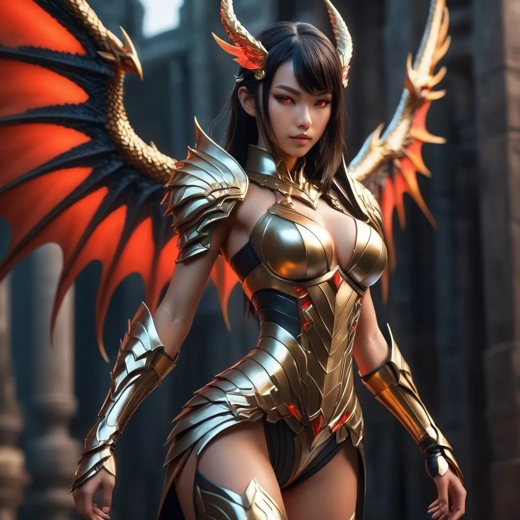 Prompt: Gorgeous full body ultra-muscular 25 years old Japanese girl, Ultra detailed illustration painting of a luminous, gorgeous, enchanting humanoid dragongirl with dark hair, She is fit, toned, lean, and very muscular, large dragons wings, and a long tail. Her feet have on 8 inch stiletto high heel boots and her skin has slight scaly aspect to it. She has the back of her mouth lit with an ambient golden glow. Glowing red eyes, and wisps of smoke rise from her nostrils. Dynamic pose, anime-style armor, realm enviroment, close mid shot, rule of thirds depth of field intricate details, concept art, subtle colors, fantastical realm, extremely detailed, ultra sharp focus, light particles, attention to detail, grandeur and awe, cinematic, stunning visual masterpiece, double exposure, 8k, photorealistic, strong outlines, cinematographic scene,