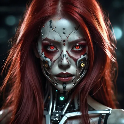 Prompt: Japanese cybernetic female turning into a zombie, long red hair, highres, horror, digital painting, cybernetic, detailed, zombie transformation, intense eyes, dark and eerie lighting