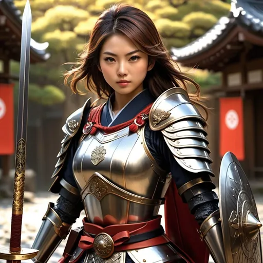 Prompt: Realistic full-body illustration of a Japanese girl with a legendary spear, wearing a legendary armor, no helmet, high quality, detailed, realistic, Japanese, legendary, armor, sword, shield, traditional, fierce expression, intricate design, historical, detailed armor, heroic pose, dramatic lighting