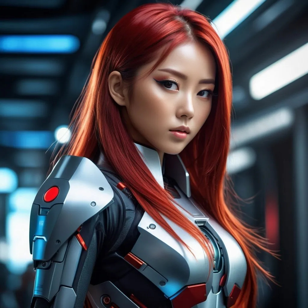 Prompt: Realistic full body Japanese girl, long red hair, transforming into android, futuristic anime style, detailed facial features, high quality, digital painting, red and metallic color tones, dramatic lighting, sci-fi, futuristic, detailed hair, realistic android transformation, professional, atmospheric lighting