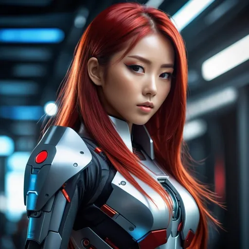 Prompt: Realistic full body Japanese girl, long red hair, transforming into android, futuristic anime style, detailed facial features, high quality, digital painting, red and metallic color tones, dramatic lighting, sci-fi, futuristic, detailed hair, realistic android transformation, professional, atmospheric lighting