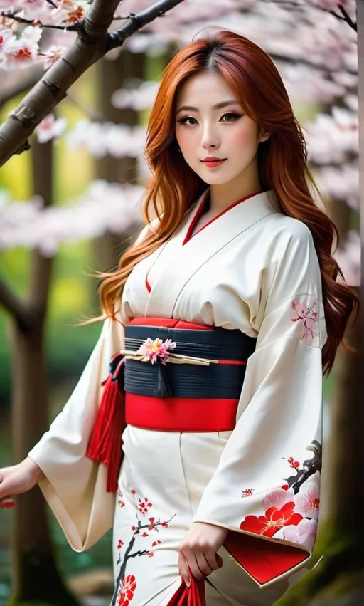 Prompt: Japanese girl in a kimono, serene forest setting, full-body shot, long red hair, open eyes, detailed, traditional Japanese art style, vibrant colors, peaceful atmosphere, cherry blossom trees, elegant pose, long flowing sleeves, serene expression, atmospheric lighting, professional, too small clothing