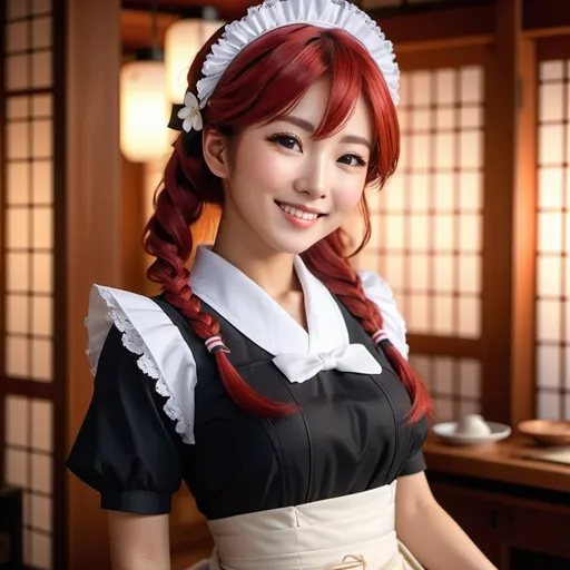 Prompt: Japanese maid with (vibrant) red hair, (genuine smile), whimsical maid uniform, (soft and warm lighting) casting delicate shadows, cozy atmosphere, traditional Japanese elements in the background, ultra-detailed features, elegant clothing details, beautiful textures, (4K) resolution, enticing ambient vibes.