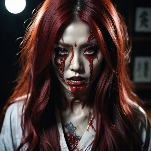 Prompt: Japanese female transforming into a zombie, long red hair, detailed zombie transformation, horror, highres, detailed, anime, dark tones, hair transformation, zombie eyes, traditional Japanese setting, supernatural, intense lighting