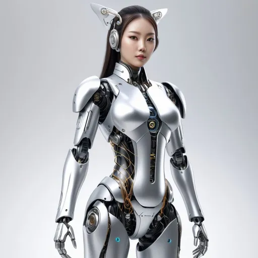 Prompt: High-res, ultra-detailed realistic full body illustration of a female Japanese robot, with two tails, realistic metallic skin texture, intricate wiring details, lifelike facial features, anatomically correct, futuristic, cybernetic, detailed hair, realistic lighting, professional, sci-fi, exotic, detailed eyes, sleek design, high-quality rendering, dual tails, intense gaze, metallic sheen, advanced technology, pregnant