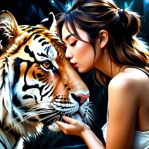 Prompt: Realistic digital full-body painting of Japanese girl kissing tiger, realism, detailed background, realistic, chiaroscuro lighting, Japanese theme, detailed hair and fur, intense stare, professional, atmospheric lighting,  ultra-detailed, digital painting