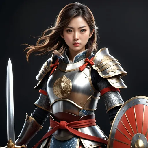 Prompt: Realistic full-body illustration of a Japanese girl with a legendary sword and shield, wearing a legendary armor, no helmet, high quality, detailed, realistic, Japanese, legendary, armor, sword, shield, traditional, fierce expression, intricate design, historical, detailed armor, heroic pose, dramatic lighting