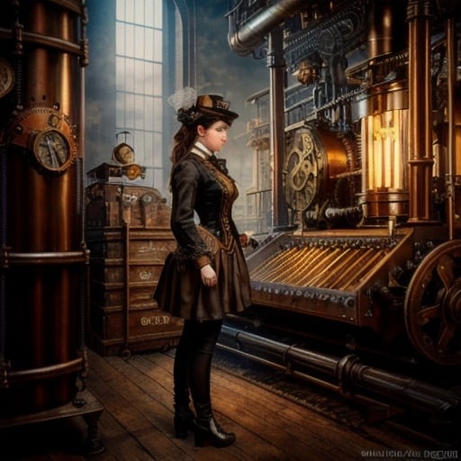 Prompt: Steampunk illustration of a girl and a tiger, Victorian-era machinery, industrial setting, detailed gears and cogs, vintage color palette, warm and moody lighting, high quality, steampunk, detailed machinery, Victorian, girl and tiger, industrial, vintage colors, warm lighting