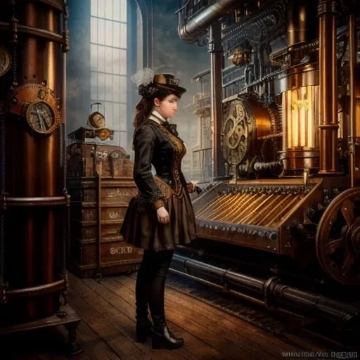 Prompt: Steampunk illustration of a girl and a tiger, Victorian-era machinery, industrial setting, detailed gears and cogs, vintage color palette, warm and moody lighting, high quality, steampunk, detailed machinery, Victorian, girl and tiger, industrial, vintage colors, warm lighting