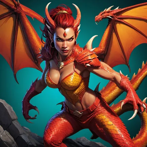 Prompt: Comicbook-style illustration of a fierce dragonlady, vibrant and bold colors, dynamic action pose, detailed scales and textures, high quality, comicbook, dynamic lighting, vibrant colors, detailed scales, fierce pose, professional, action-packed