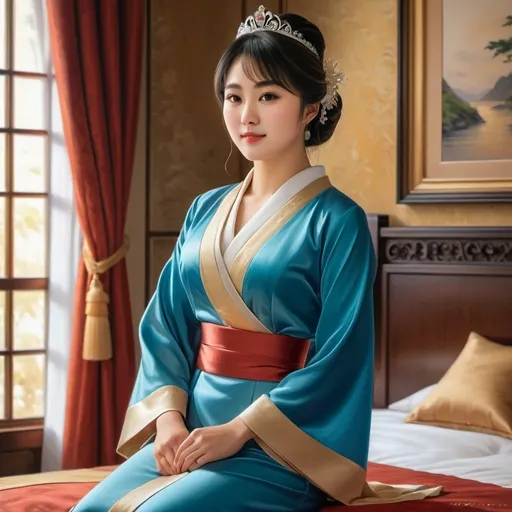 Prompt: Realistic oil painting of Princess Mako Komuro wearing, full body, in a bedroom, vneck, elegant and serene atmosphere, rich warm tones, soft natural lighting, detailed facial features, royal attire, high quality, oil painting, realistic, full body, detailed facial features, elegant atmosphere, warm tones, soft lighting, bedroom setting, royal attire, professional