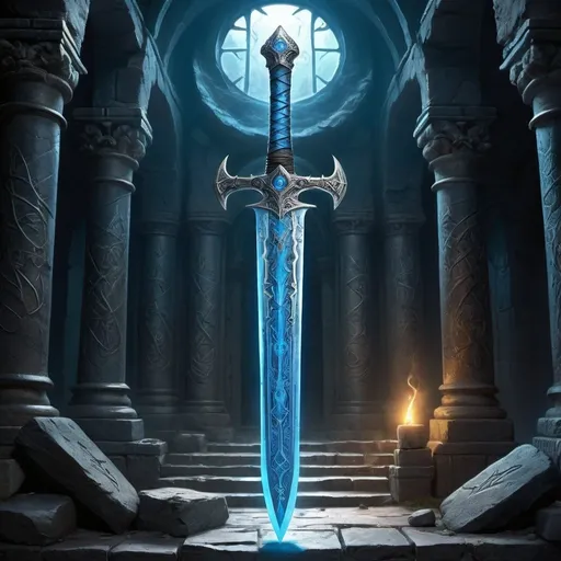 Prompt: High-quality, detailed illustration of the sword The Throngler, mythical weapon, ancient runes, intricate engravings, ethereal glow, fantasy art, detailed hilt and guard, glowing blue aura, intense and dramatic lighting, epic, ultra-detailed, fantasy, ancient, magical, intricate details, radiant blue aura, ethereal, professional craftsmanship, in anchient ruins, skeletons quarding