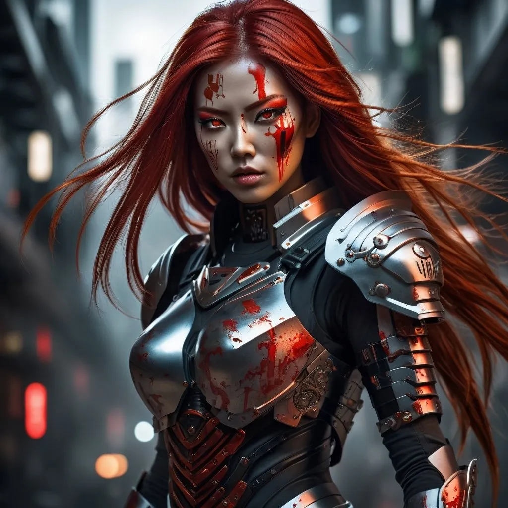 Prompt: High-res digital painting, Japanese cybernetic female warrior, long red hair, metallic finish on limbs and armor, turning into zombie, intense and dramatic transformation, cyberpunk, futuristic, detailed eyes, metallic armor, red hair, zombie transformation, high quality, digital painting, cybernetic, dramatic lighting