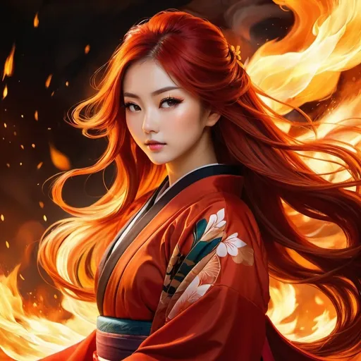 Prompt: Japanese girl with long, flowing red hair, standing in fire, traditional Japanese clothing, high quality, digital painting, intense flames, vibrant red and orange tones, dramatic lighting, detailed hair, dynamic pose, powerful and fierce, anime style, fiery atmosphere