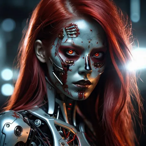 Prompt: Japanese cybernetic female turning into a zombie, long red hair, metallic finish, highres, horror, digital painting, cybernetic, detailed, zombie transformation, intense eyes, dark and eerie lighting