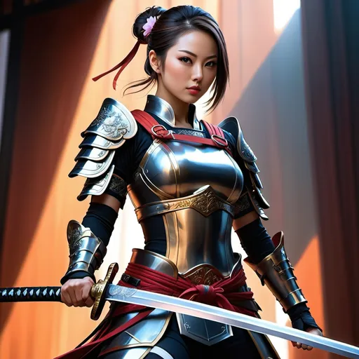 Prompt: Realistic digital painting, full-body,  Japanese girl with sword, detailed armor, high quality, realistic, digital art, warrior, detailed anatomy, strong stance, katana, professional, dramatic lighting, vibrant colors, traditional and modern fusion, intricate details, bald