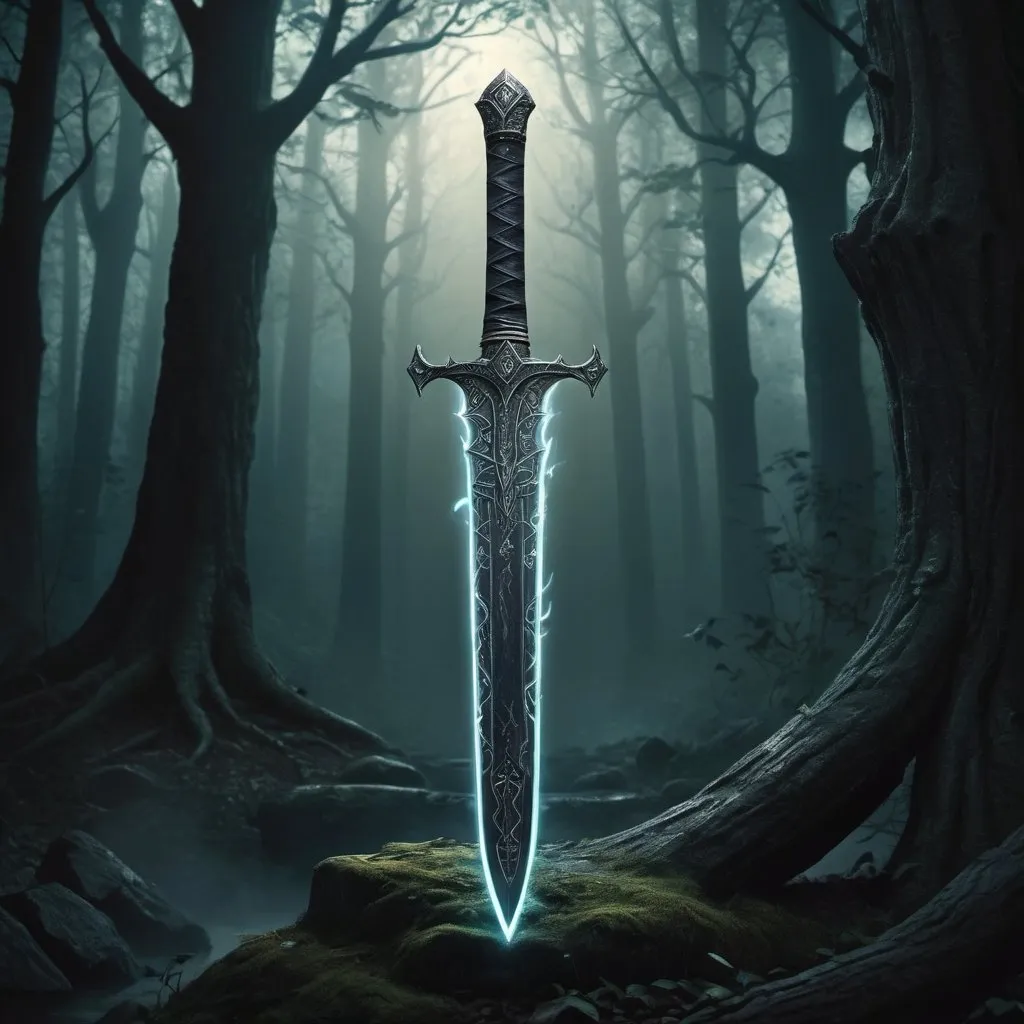 Prompt: High-quality, detailed illustration of the sword Dark King Grutemores Edge of Annialation, ominous and powerful, dark fantasy style, glowing runes, intricate details, ancient and in good condicion, mystical aura, fantasy, dark tones, ancient runes, detailed hilt, highres, intricate design, professional, floating, forest setting