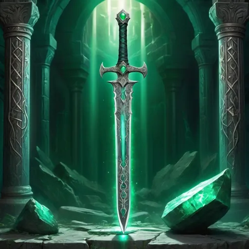 Prompt: High-quality, detailed illustration of the sword The Throngler, mythical weapon, ancient runes, intricate engravings, ethereal glow, fantasy art, detailed hilt and guard, glowing emerald aura, intense and dramatic lighting, epic, ultra-detailed, fantasy, ancient, magical, intricate details, radiant emerald aura, ethereal, professional craftsmanship, in anchient ruins, giant emerald in hilt