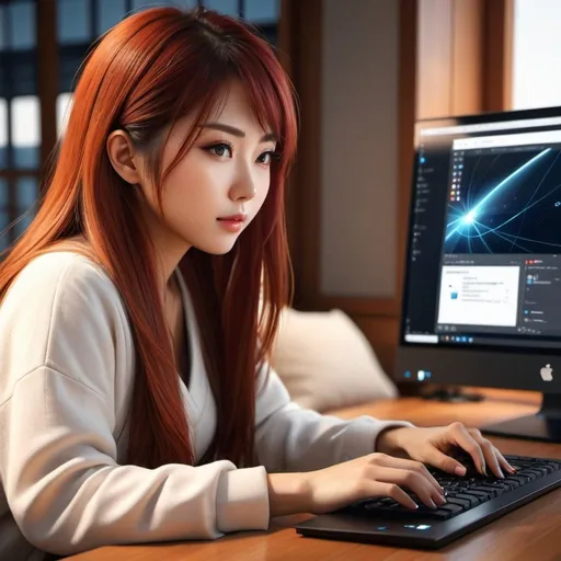 Prompt: Realistic digital art illustration of a Japanese girl using a PC, modern technology, warm and comfortable atmosphere, long red hair, detailed facial features, realistic lighting, cozy and modern, high quality, digital art, warm lighting, Japanese girl, PC user, modern technology, detailed hair, cozy atmosphere, realistic, comfortable, professional, detailed eyes, warm tones