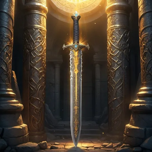 Prompt: High-quality, detailed illustration of the sword The Throngler, mythical weapon, ancient runes, intricate engravings, ethereal glow, fantasy art, detailed hilt and guard, glowing golden aura, intense and dramatic lighting, epic, ultra-detailed, fantasy, ancient, magical, intricate details, radiant golden aura, ethereal, professional craftsmanship, in anchient ruins, giant diamond in hilt