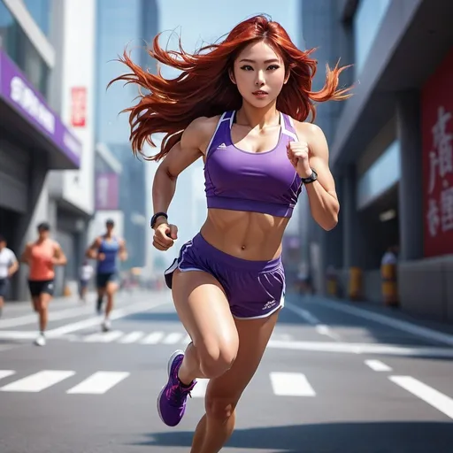 Prompt: Realistic full body illustration of a 25-year-old Japanese girl, athletic physique, strong arms, six-pack, strong legs, dynamic pose, long red hair, urban setting, detailed, athletic, Japanese, running, natural lighting, purple clothes, urban, detailed physique, realistic, dynamic, highres, detailed hair, intense expression, professional, athletic build, urban setting, natural lighting