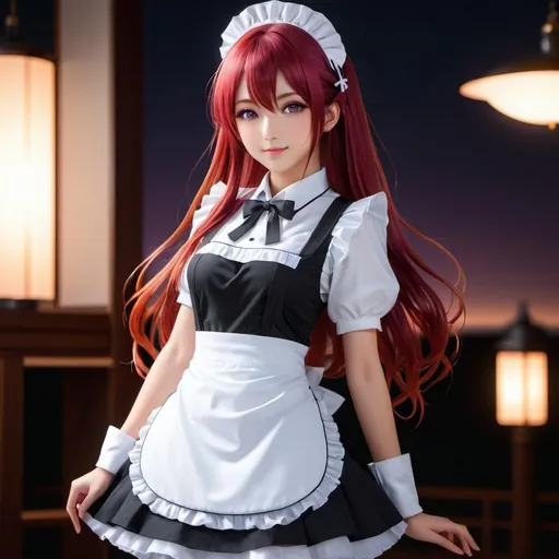 Prompt: Realistic full body Japanese girl with glowing purple eyes, long glowing red hair, maid uniform, 7'11, highres, ultra-detailed, anime, realistic, glowing eyes, glowing hair, maid outfit, Japanese girl, tall, detailed design, professional, atmospheric lighting