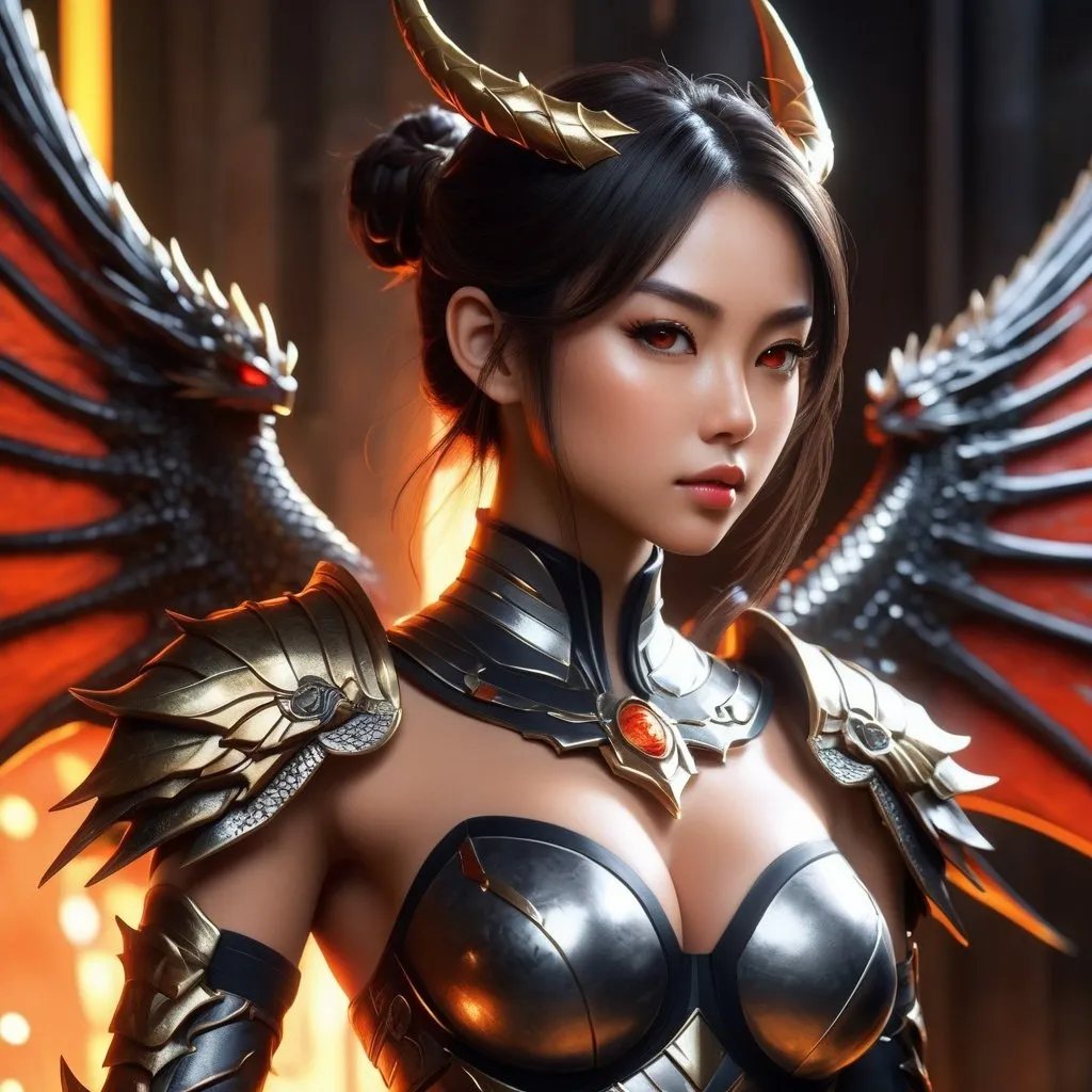 Prompt: Gorgeous ultra-muscular 25 years old Japanese girl, Ultra detailed illustration painting of a luminous, gorgeous, enchanting humanoid dragongirl with dark hair, She is fit, toned, lean, and very muscular, large dragons wings, and a long tail. Her feet have on 8 inch stiletto high heel boots and her skin has slight scaly aspect to it. She has the back of her mouth lit with an ambient golden glow. Glowing red eyes, and wisps of smoke rise from her nostrils. Dynamic pose, anime-style armor, realm enviroment, close mid shot, rule of thirds depth of field intricate details, concept art, subtle colors, fantastical realm, extremely detailed, ultra sharp focus, light particles, attention to detail, grandeur and awe, cinematic, stunning visual masterpiece, double exposure, 8k, photorealistic, strong outlines, cinematographic scene,