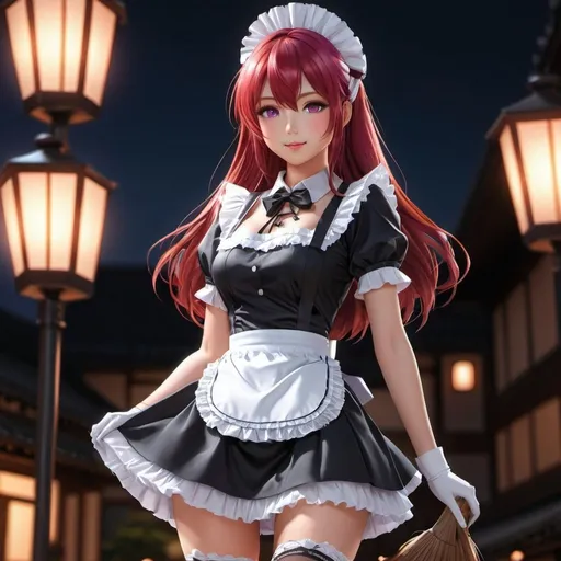 Prompt: Realistic full body Japanese girl with glowing purple eyes, long glowing red hair, french maid uniform, very tall girl, highres, ultra-detailed, anime, realistic, glowing eyes, glowing hair, maid outfit, Japanese girl, tall, detailed design, professional, atmospheric lighting, miniskirt