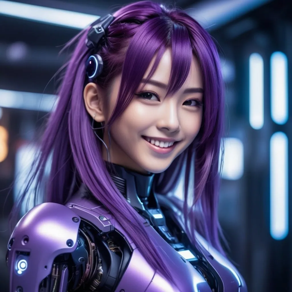 Prompt: Beautiful Japanese female android, long purple hair, purple crop top, genuine smile, robotic arms, detailed hair, professional, atmospheric lighting, highres, detailed, futuristic, anime, cool tones, cyberpunk, intricate design, genuine smile, sleek and modern, futuristic technology, detailed facial features