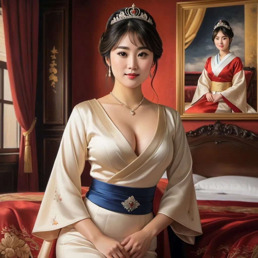 Prompt: Realistic oil painting of Princess Mako Komuro wearing, full body, in a bedroom, deep vneck, elegant and serene atmosphere, rich warm tones, soft natural lighting, detailed facial features, royal attire, high quality, oil painting, realistic, full body, detailed facial features, elegant atmosphere, warm tones, soft lighting, bedroom setting, royal attire, professional, Navel