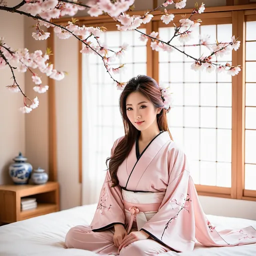 Prompt: Model, Japanese woman in her 25s, bedroom setting, traditional Japanese art style, peaceful and serene atmosphere, delicate cherry blossom decor, soft natural lighting, high quality, traditional art, feminine, serene, delicate, 25s, Japanese, bedroom, cherry blossom decor, soft lighting